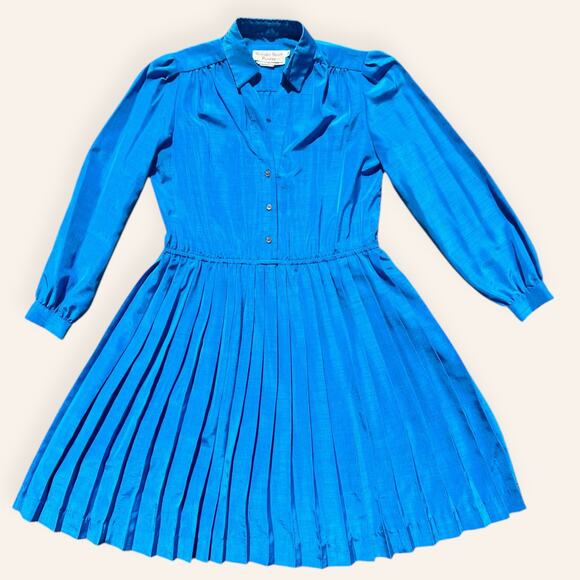 Vtg Blue fit and flare pleated Midi Petite Dress ladies M/L - Picture 5 of 6